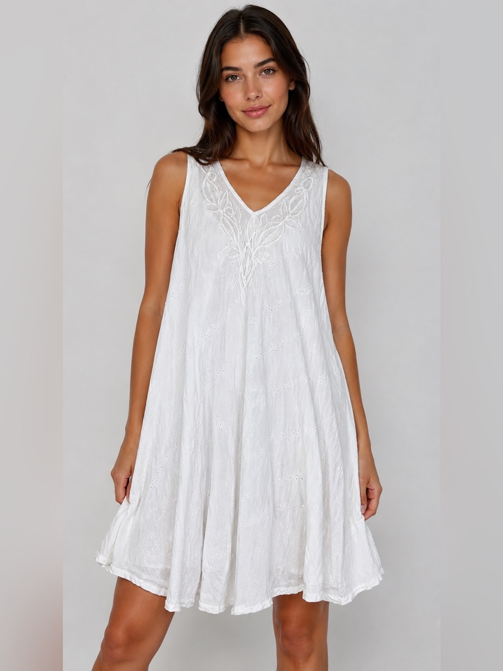 Zury White 100% Cotton Embroidered Eyelet Boho Swing Mini Dress India